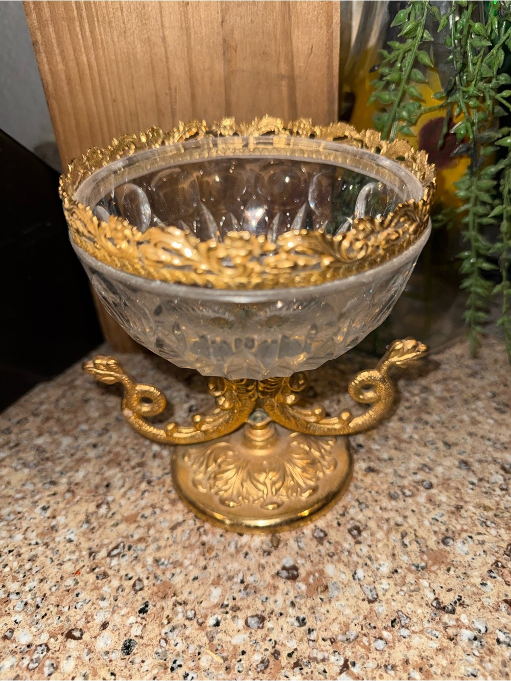 Ornate Gold Glass Compote - Decorative Home Dining Accent